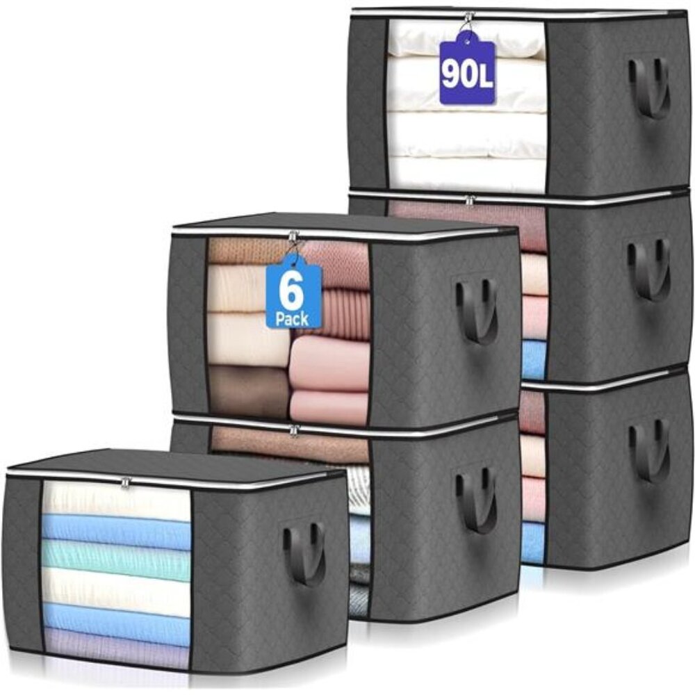 90 L Large Storage Bags, 6 Pack Clothes Storage Bins Foldable Closet Organizers
